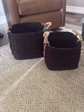 Mud Pie Black Woven Storage Baskets with Wooden Bead Handles